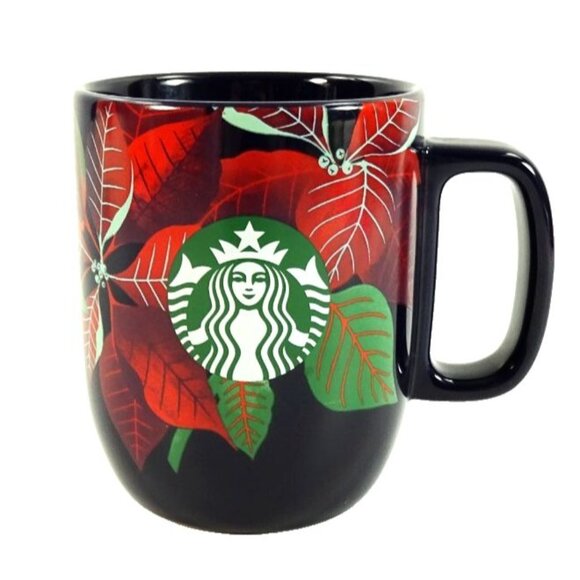 2020 Starbucks Christmas Mug Pointsettias Floral Red Dark Blue 12oz Siren Logo - Picture 1 of 8